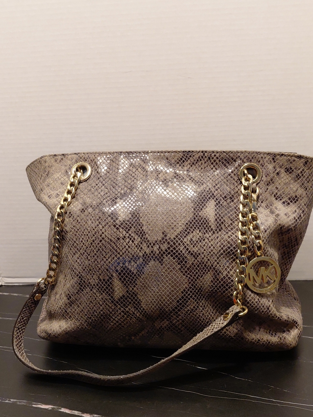 Michael Kors Taupe Snake-Print Shoulder Tote with Gold Chain Accents